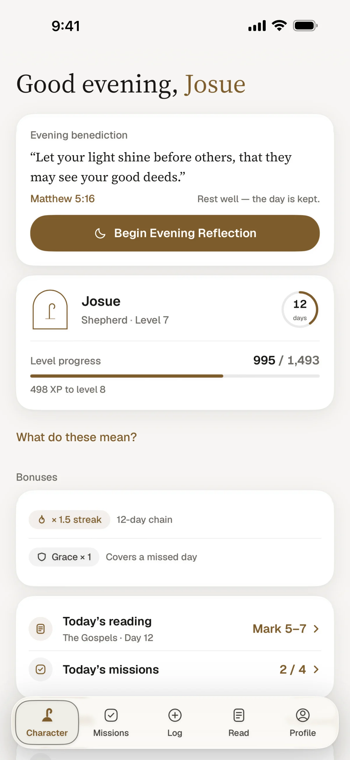 Sanctum's Character tab in the day look: an evening benediction verse, a Shepherd at level 7 with a 12-day streak, level progress, bonuses, today's reading and today's missions.