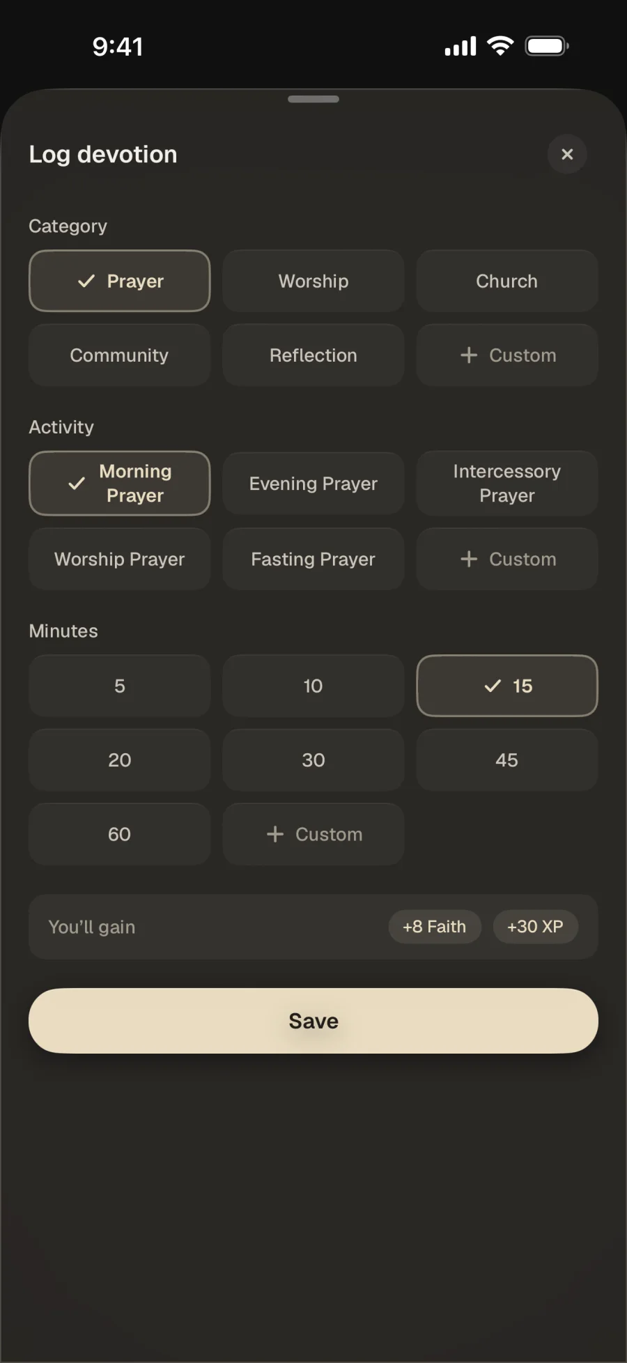 Logging a devotion: category and activity chips, the minutes spent, a preview of plus 8 Faith and plus 30 XP, and a Save button.