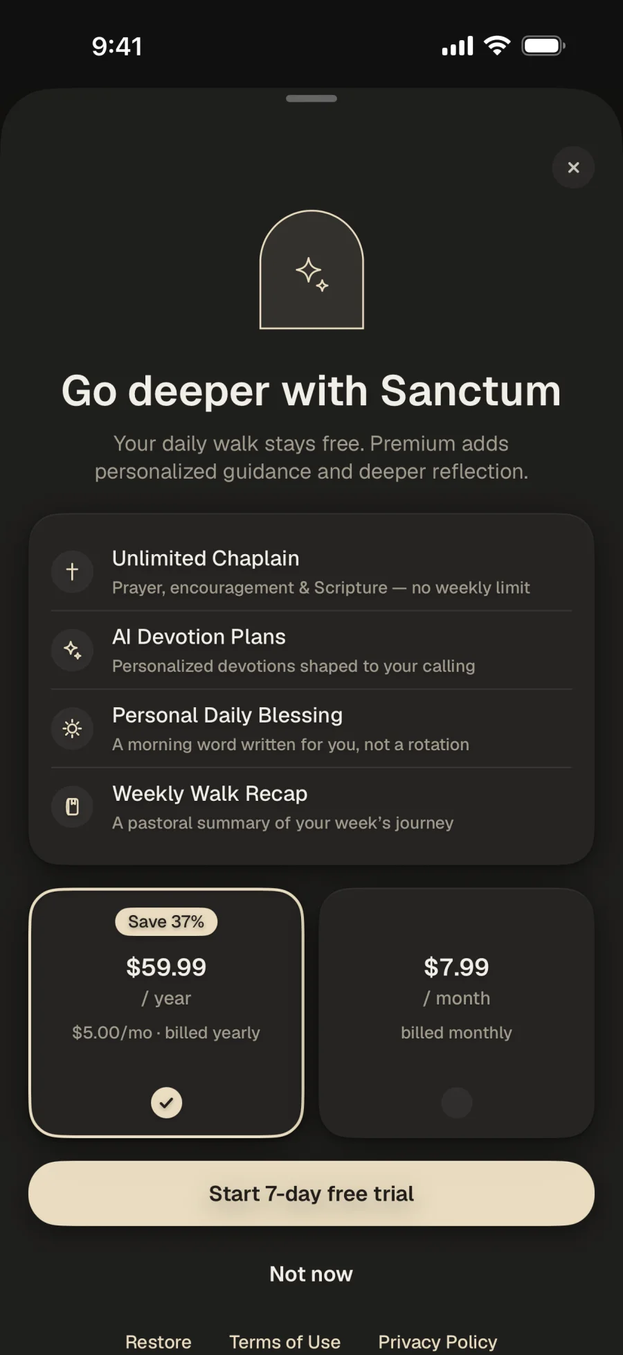 The Sanctum Premium screen, Go deeper with Sanctum: the four Premium features, $59.99 a year or $7.99 a month, and Start 7-day free trial.