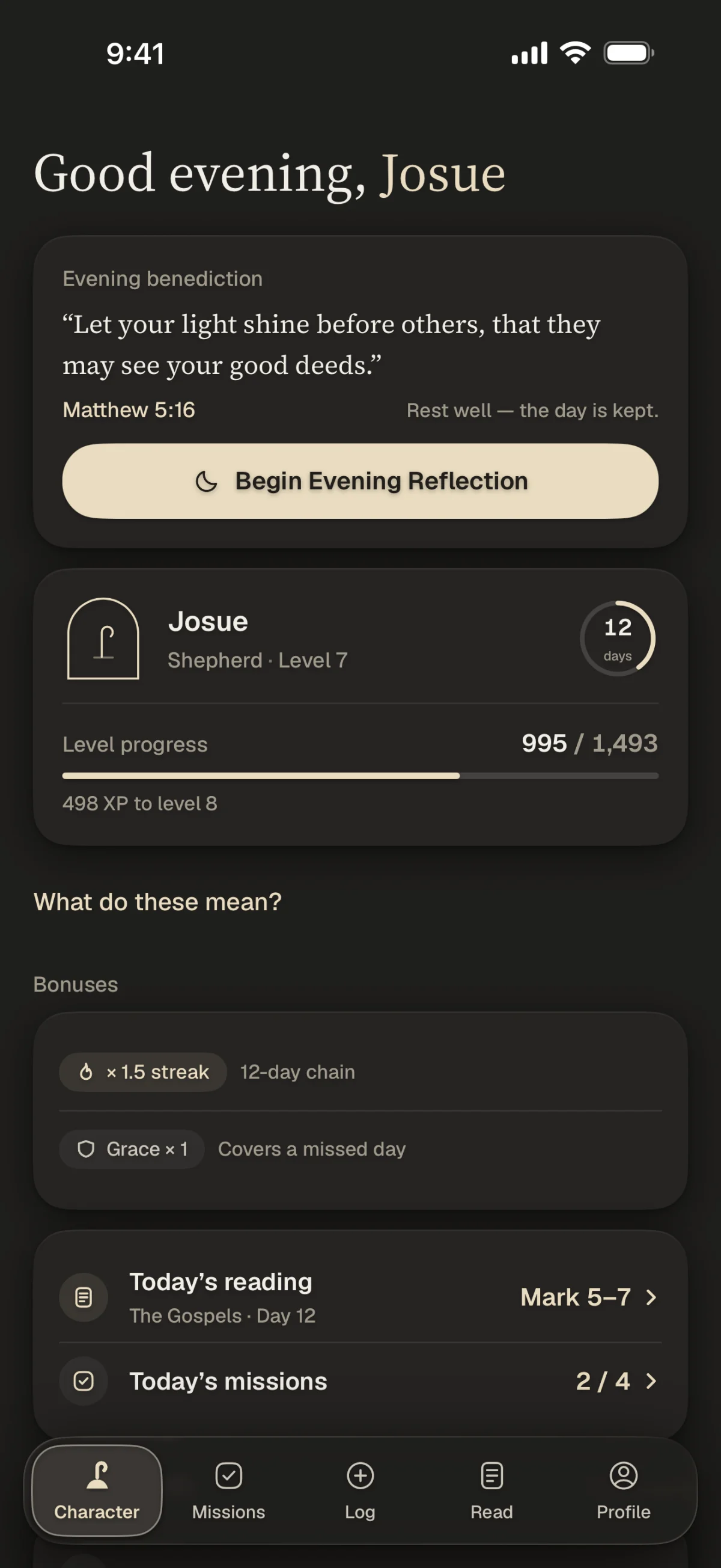 Sanctum's Character tab in the night look: an evening benediction verse, a Shepherd at level 7 with a 12-day streak, level progress, bonuses, today's reading and today's missions.