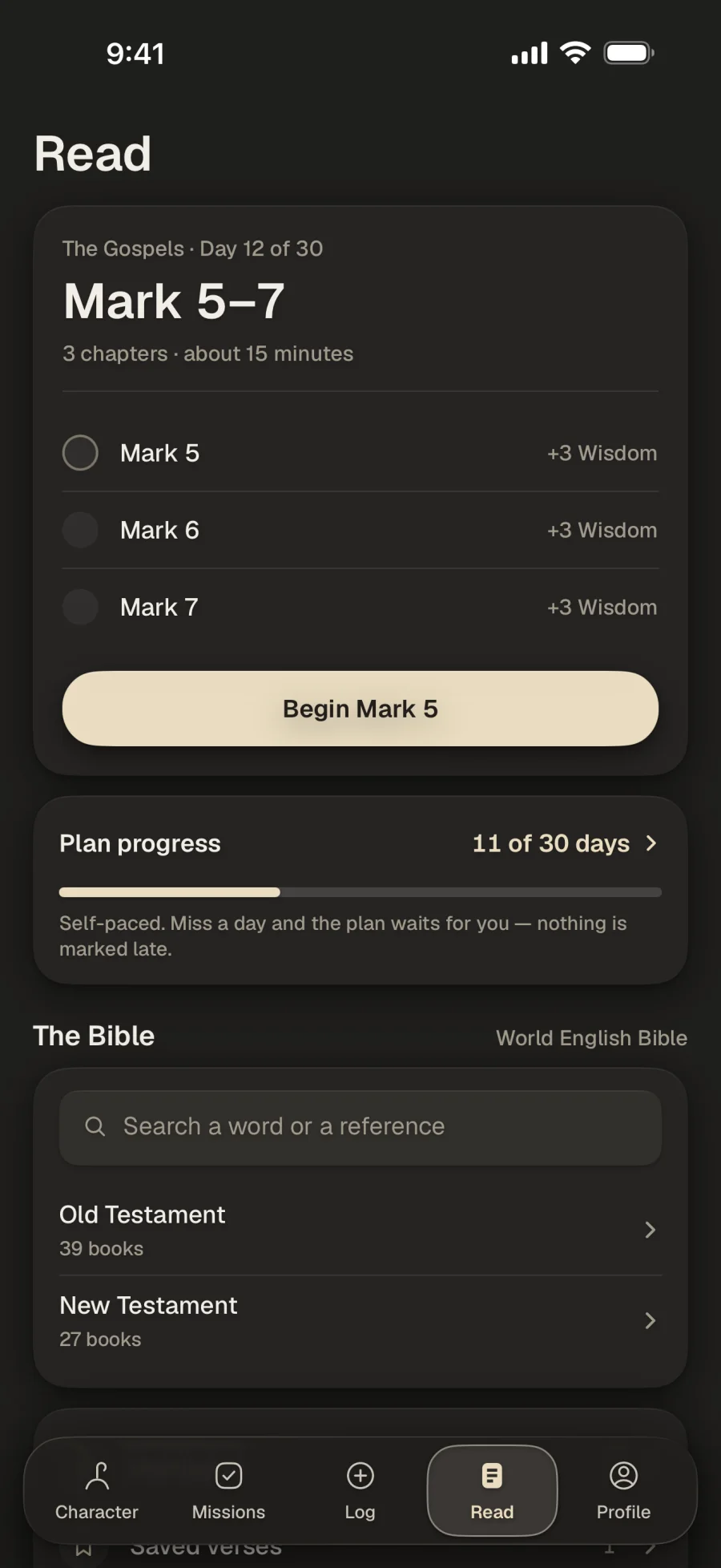 The Read tab: The Gospels plan on day 12 of 30, today's reading of Mark 5 to 7 with a chapter checklist, plan progress, and the Bible with search.