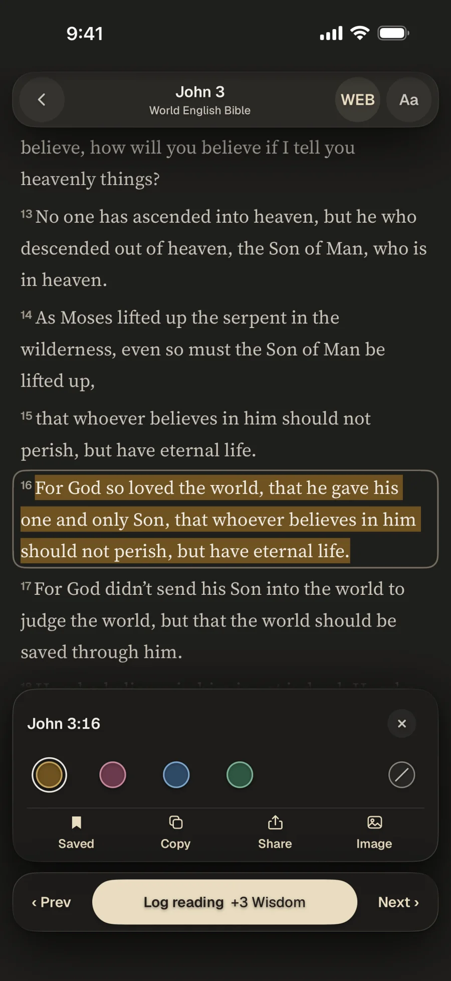 The Bible reader open to John 3 in the World English Bible, with one verse highlighted in gold and actions to save, copy, share or make an image.