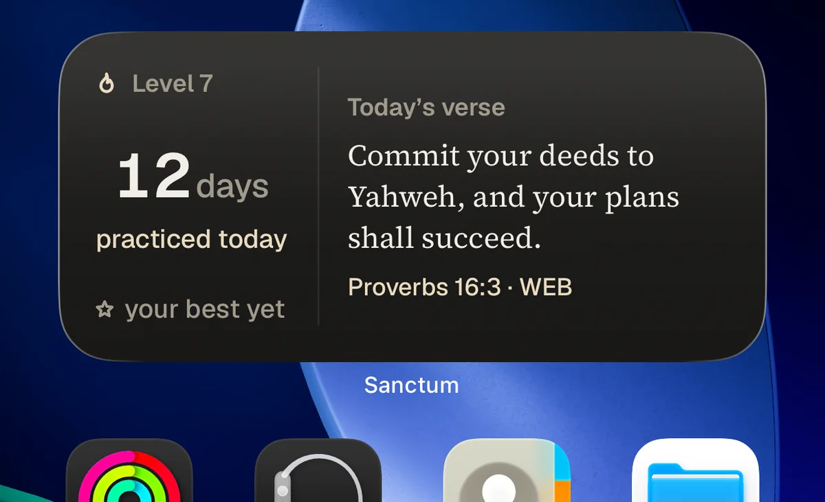 The Sanctum Streak & Verse widget on an iPhone Home Screen: 12-day streak, practiced today, level 7, today's verse